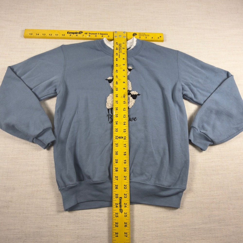 Morning Sun‎ Vintage Bless Ewe Sheep Stack Sweatshirt Blue Small Grandma Chic - Picture 6 of 9